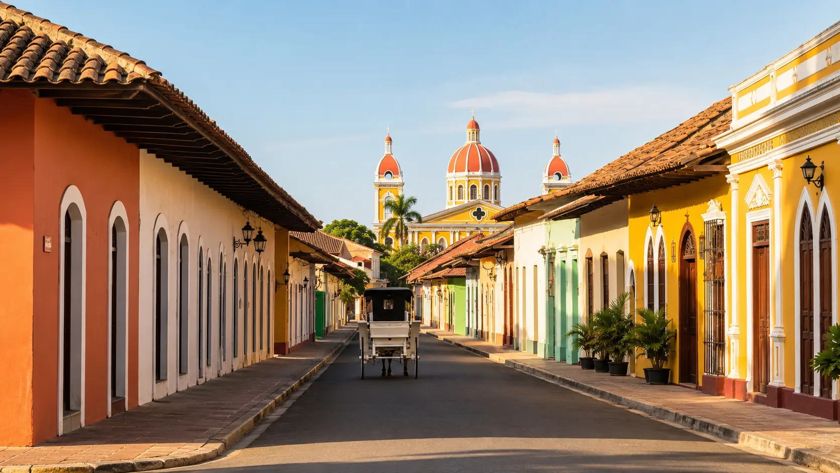 Quiet colonial street in Granada Nicaragua during warm afternoon light