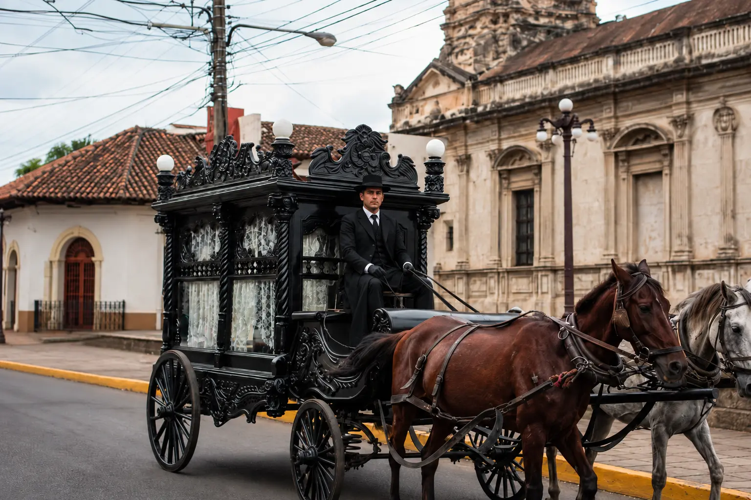 Horse-drawn carriage passing colorful facades during a Granada day trip