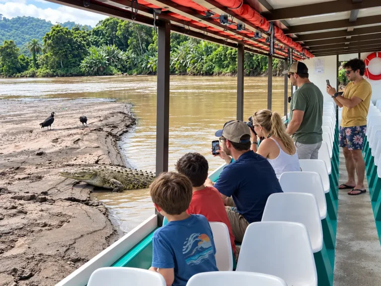 Private river boat viewing the Tárcoles riverbank from a safe distance